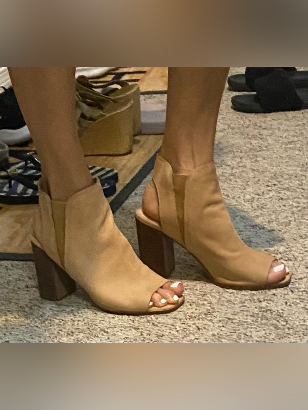 Aldo Tan Open-Toe Block Heel Booties ~ read description for sizing